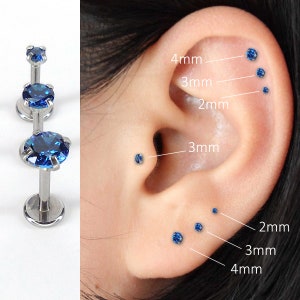 16G-18G-20G ~ Blue Threadless Push Pin Earrings ~ Surgical Steel ~ 2mm-4mm ~ Tragus Labret Stud ~ Tiny Nose Stud ~ Flat Back Earring