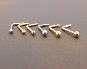 Pair 1.5, 2, 2.5 or 3mm Surgical Steel Ball Nose Rings · Simple Petite Ball L shape Nose Studs · 18G Gold PVD Nose Studs · 20G Nose Studs