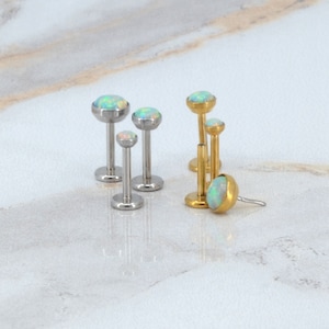 Flat Back Earrings Threadless Dainty Aqua Opal Gem 16G/18G/20G Push Pin Nose Ring Cartilage Piercing Gold Tone Labret Stud Helix 2-4mm