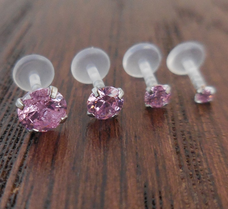 16G Tragus Jewelry Triple Helix Cartilage Earrings Prong Set Pink Crystal 6-10mm Bioflex Labret Lip Rings