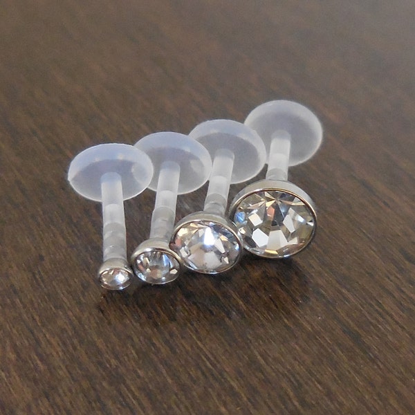 16G Flatback Earrings 6, 8, 10mm Cubic Zirconia Clear CZ Quad Triple Helix BioFlex BioPlast Cartilage Tragus Lip Labret Rings Jewelry