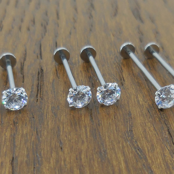 Cheek Piercings Pair Dimple Maker Prong Set 5mm Clear Crystal CZ 16G 14mm, 16mm, 19mm Surgical Stainless Steel Internally Threaded Rings