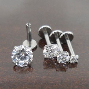 18g 2-5mm Tragus Earring Jewelry 1/4" 6mm Clear Prong Set Crystal CZ Cartilage Flat back Petite Disc Triple Forward Helix Ear Nose Stud Ring