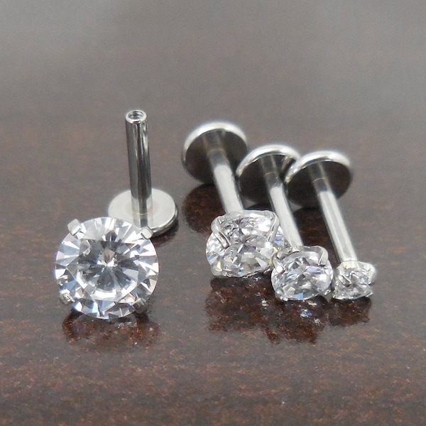 18g 2-5mm Tragus Earring Jewelry 1/4" 6mm Clear Prong Set Crystal CZ Cartilage Flat back Petite Disc Triple Forward Helix Ear Nose Stud Ring
