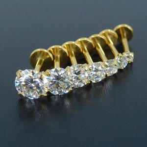 16G-18G-20G Threadless Stud Earrings ~ Very Bright Push Pin Nose Stud Ring ~ Gold PVD Tragus Stud Labret ~ 2-5mm Moissanite Cartilage Rings