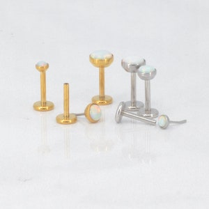 White Opal Threadless Earrings - Nose Stud Rings - Gold Tone & Surgical Steel Flat Back Jewelry - 16G/18G/20G Push Pin Comfortable Earrings