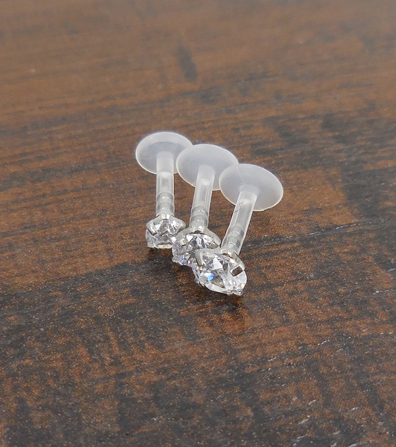 16G Flatback Earrings Stud 6, 8, 10mm 1.5-4mm Clear CZ Triple Helix Stud BioFlex BioPlast Earring Cartilage Tragus Monroe Lip Rings NEW image 4