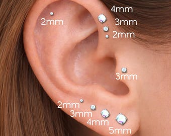 Aurora Borealis Silver Stud Earring - Clear CZ BioFlex Labret - Helix Cartilage Earring -Tiny Tragus Earring - Threadless Labret Piercing