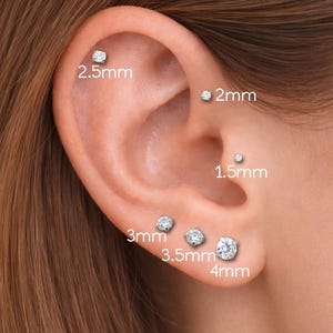 以下が含まれることがあります： さまざまなサイズのクリアなスタッドピアスが6つ付いた耳のクローズアップ。サイズは1.5mm、2mm、2.5mm、3mm、3.5mm、4mmと表示されています。ピアスは耳にセットされています。
