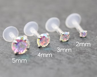 Aurora Borealis Silver Stud Earring - Clear CZ BioFlex Labret - Helix Cartilage Stud -Tiny Tragus Earring - AB Crystal Labret Piercing