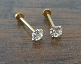 Cheek Piercings 5mm Clear Crystal CZ Pair Dimple Maker Prong Set 16G 14mm, 16mm, 19mm Internally Threaded Rings Gold Titanium Anodized NEW