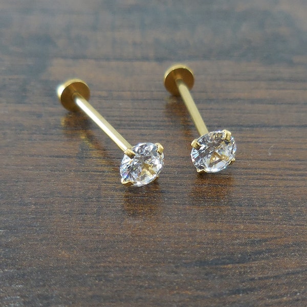 Cheek Piercings 5mm Clear Crystal CZ Pair Dimple Maker Prong Set 16G 14mm, 16mm, 19mm Internally Threaded Rings Gold Titanium Anodized NEW