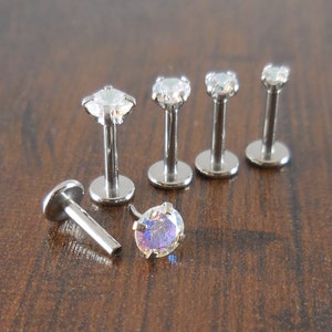 16g 2-4mm Tragus 5mm-10mm AB Crystal Rainbow Stone Threadless Push Pin Helix Nose Ring Cartilage Flat Back Earrings Stainless Prong Set