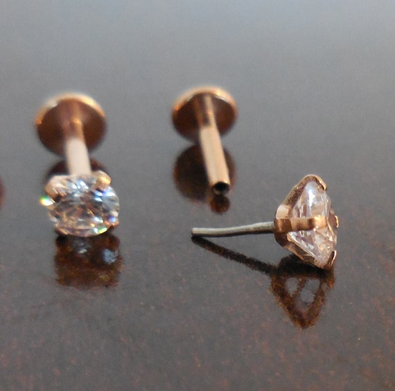 16g Titanium Flat Back Earring Stud 4mm Bezel Set Aurora Borealis Gemstone Conch Helix Earlobe Jewelry 16g 5/16 / Rose Gold