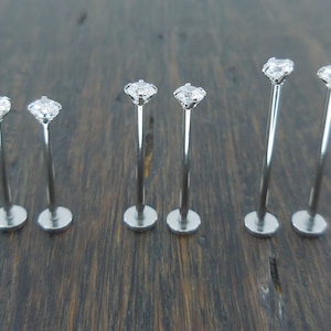Pair Dimple Maker Cheek Piercings 3mm Clear Crystal CZ 16G 14mm, 16mm, 19mm Stainless Steel Internally Threaded Prong Set Labret Rings