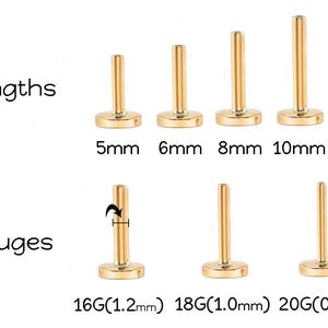 K&ouml;nnte beinhalten: Goldfarbene Lippenpiercing-Stecker in vier L&auml;ngen: 5 mm, 6 mm, 8 mm und 10 mm. Das Bild zeigt auch drei St&auml;rken: 16G (1,2 mm), 18G (1,0 mm) und 20G (0,8 mm). Der Text zeigt die verschiedenen Gr&ouml;&szlig;en.