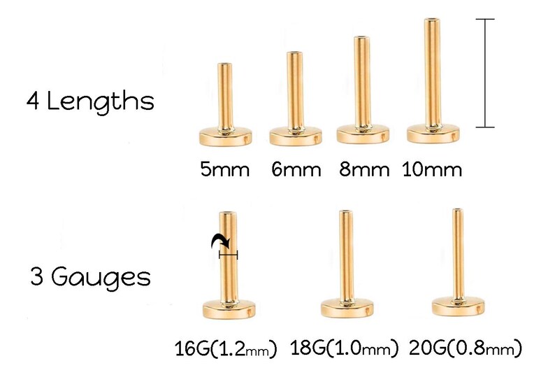 K&ouml;nnte beinhalten: Goldfarbene Lippenpiercing-Stecker in vier L&auml;ngen: 5 mm, 6 mm, 8 mm und 10 mm. Das Bild zeigt auch drei St&auml;rken: 16G (1,2 mm), 18G (1,0 mm) und 20G (0,8 mm). Der Text zeigt die verschiedenen Gr&ouml;&szlig;en.