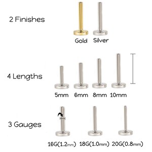 May include: A collection of flat-back labret studs shown in two finishes, gold and silver. The image displays four lengths labeled 5mm, 6mm, 8mm, and 10mm, and three gauges labeled 16G (1.2mm), 18G (1.0mm), and 20G (0.8mm) with text labels.