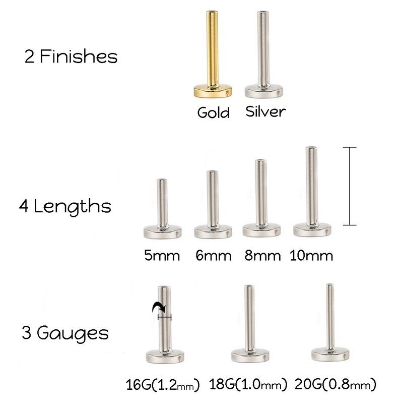 May include: A collection of flat-back labret studs shown in two finishes, gold and silver. The image displays four lengths labeled 5mm, 6mm, 8mm, and 10mm, and three gauges labeled 16G (1.2mm), 18G (1.0mm), and 20G (0.8mm) with text labels.