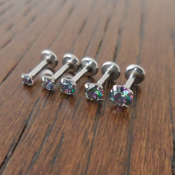 16g 2-4mm Tragus 6mm-8mm Threadless Push Pin Labret Triple Forward Helix Rainbow CZ Stone Ring Cartilage Earrings Stainless Prong Set