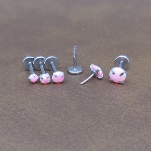 18G Threadless Flat Back Earrings Small Pink Opal Gem - 16G/20G Push Pin Nose Stud Ring - Cartilage Piercing Labret Stud Triple Helix 2-4mm