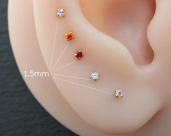 Kleine gouden stekeroorbel met platte achterkant • Draadloze drukspeld met platte achterkant • Draadloze tragusoorstapel • Petite 1,5 mm CZ Gold Forward Helix