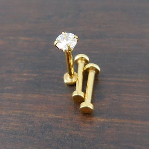 Gold Tone Push Pin Triple Helix 18G Labret Lip Earrings 5/6/8/10mm Prong Set 3mm Clear Cubic Zirconia Cartilage Triple Helix Flat Disc