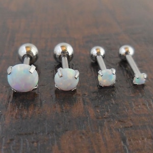 New White Fire & Ice Opal 16G 1/4" 2-5mm Cartilage Earrings Ball Back Triple Forward Helix Stainless Steel Ear Prong Set Rings