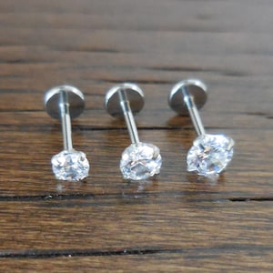 Tragus Threadless Flat back Earrings 6mm-8mm Push Pin Prong Set Clear Cubic Zirconia CZ Nose Stud Ring Labret Lip 20G 2-4mm Helix Cartilage