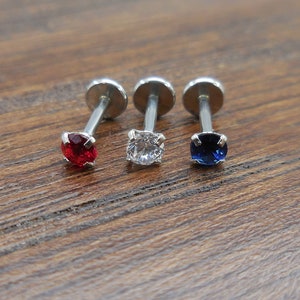 Red White Blue Fourth of July Threadless Push Pin Labret Stud 3mm Tragus Flat Back Earring Nose Stud Patriotic Ring Triple Helix 20G 18G 16G