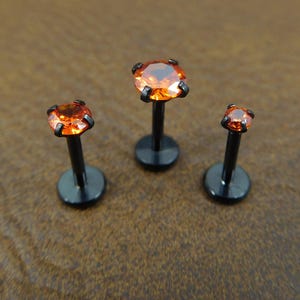 16G, 18G, 20G Orange Threadless Stud Earrings, Prong Set Crystal Labret Nose Ring, Black PVD Comfort Flat Back Halloween Tragus Rings