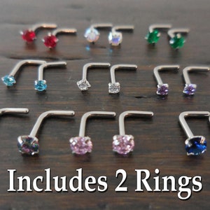 Pair 2mm or 3mm Prong Set Screws Nose Stud, Many Colors Nose Rings, Stainless Steel Blue Red Pink AB Crystal,  L Shape Nose Stud 20G or 18G