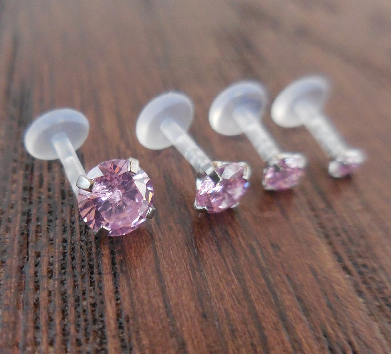 16G Tragus Jewelry Triple Helix Cartilage Earrings Prong Set Pink Crystal 6-10mm Bioflex Labret Lip Rings