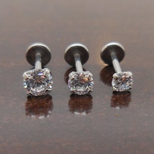 Surgical Steel Threadless Stud Earrings ~ Clear CZ Stone ~ Nose Ring ~ Labret Stud