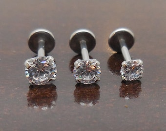 Surgical Steel Threadless Stud Earrings ~ Clear CZ Stone ~ Nose Ring ~ Labret Stud