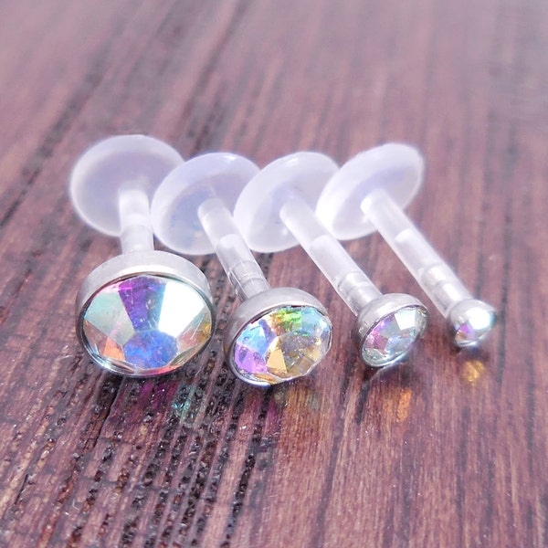 16G 6, 8 or 10mm AB Crystal CZ Triple Forward Helix Push In Comfortable BioFlex BioPlast Earring Cartilage Tragus Monroe Lip Labret Rings