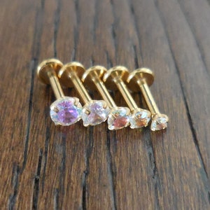 16g 2-4mm Tragus 6mm-8mm AB Crystal Push Pin Labret Nose Ring Titanium Threadless Stud Cartilage Earrings Gold Tone Triple Helix Thread Less