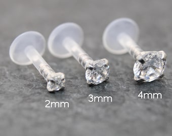 CZ Prong Set BioFlex Flat Back Earring Stack • 16G Helix, Tragus, Silver Stud Earring • Tiny Tragus Earring • Cartilage Earring