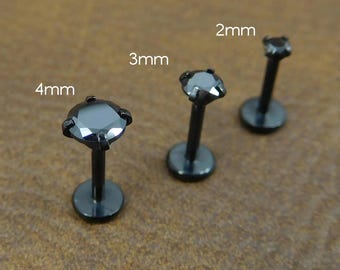 Black Crystal Threadless Push Pin Flat Back Earring - Tragus Piercing Stud - Labret Stud Earring Stack - Helix Earring - Black Nose Ring