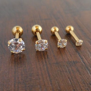 Triple Forward Helix Jewelry Gold Tone Titanium Clear Prong Set CZ Cartilage Earrings Cubic Zirconia 16G 1/4" 2-5mm Ball Back Ear
