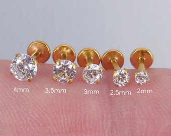 Gold PVD Flat Back Stud Earring • Tiny Tragus Earring • Labret Piercing Stud • Gold Nose Stud • Forward Helix Threadless Earring