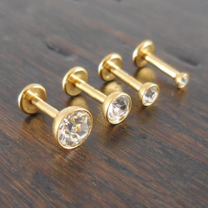 Orecchino a tripla elica anteriore, anello per cartilagine, labret, orecchino per naso, zirconia cubica trasparente da 2, 3, 4 o 5 mm, senza filettatura, da 6 o 8 mm, con perno a pressione color oro.
