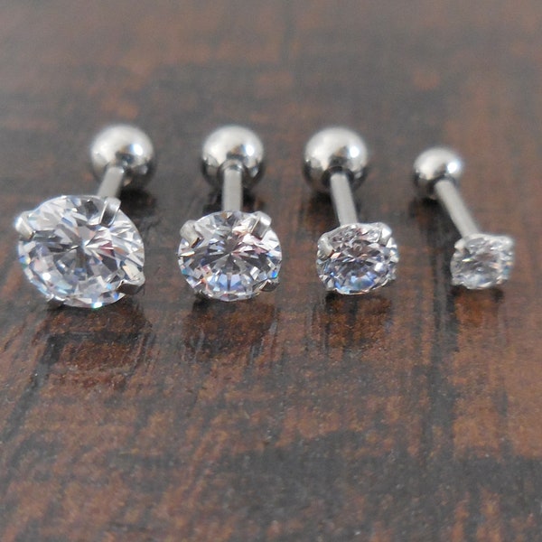 Stainless Steel Clear Prong Set Cubic Zirconia 16G 1/4" 2-5mm Ball Back Triple Forward Helix Tone Ear Cartilage Earrings