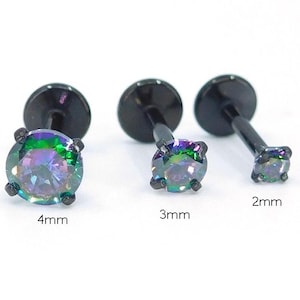 Dark Rainbow Labret Stud Earring Black Crystal Stud Earring, Threadless Push Pin Flat Back Earring • Black Nose Ring • Tragus Earring Stack