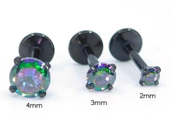 Dark Rainbow Labret Stud Earring Black Crystal Stud Earring, Threadless Push Pin Flat Back Earring • Black Nose Ring • Tragus Earring Stack