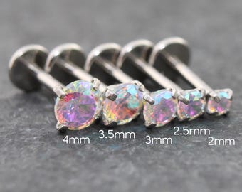 Threadless Labret Silver Stud Earring • AB Crystal Tragus Piercing Stud • Flat Back Earring • Forward Helix Earring • Tragus Earring