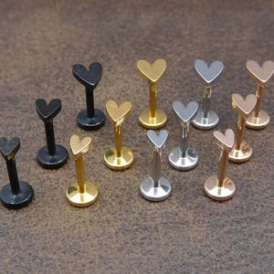 Mini Heart Cartilage Stud Earrings, Threadless Flat Back Push Pin Conch Labret Tragus 16G, 18G, 20G Helix Earrings Gold Tone Rose Nose Stud