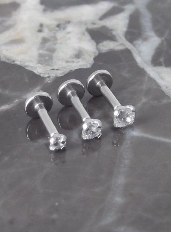 16g-1/4" to 1/2" Internally Threaded Labret Monroe Tragus with 2mm Press Fit Gem 