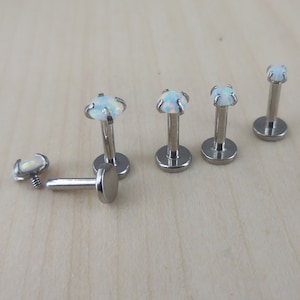 16G Internally Threaded Tragus Prong Set White Fire & Ice 2-4mm Opal 6mm 1/4" Triple Helix Cartilage Ring Tragus Labret Earrings Steel Stud