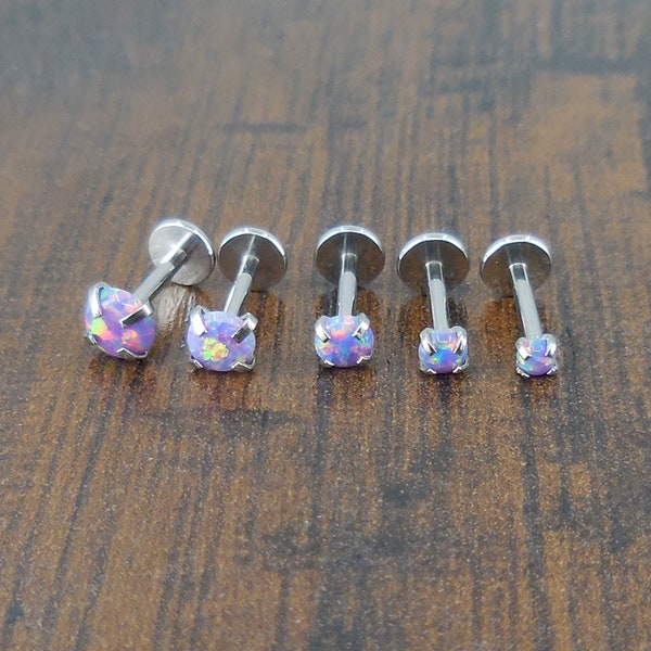 16-20G 2-4mm Violet Opal Stone Flatback Threadless 5-10mm Push Pin Triple Helix Nose Ring Lip Earrings Surgical Stainless Steel Prong Set